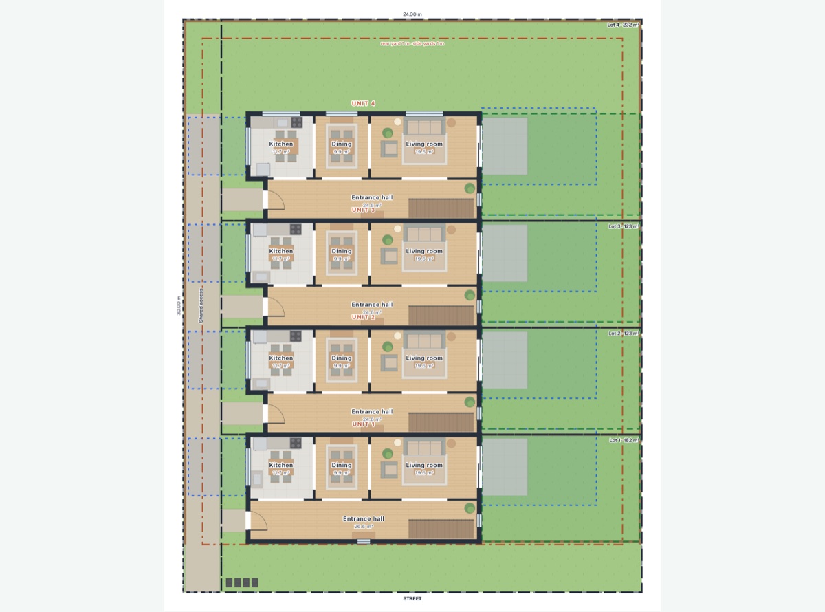 A site plan of four townhouses with their lots, yards and outlook marked