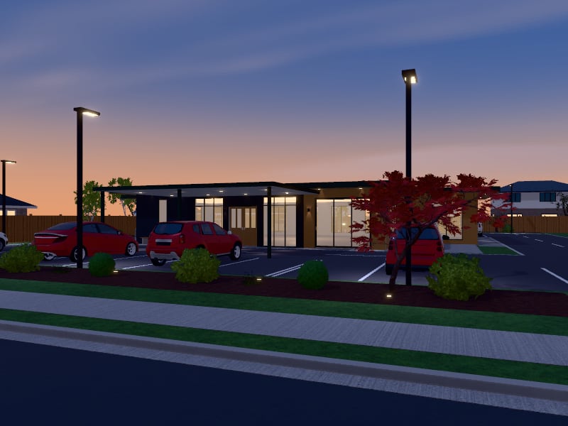 Compact Biophilic Medical Centre, exterior view
