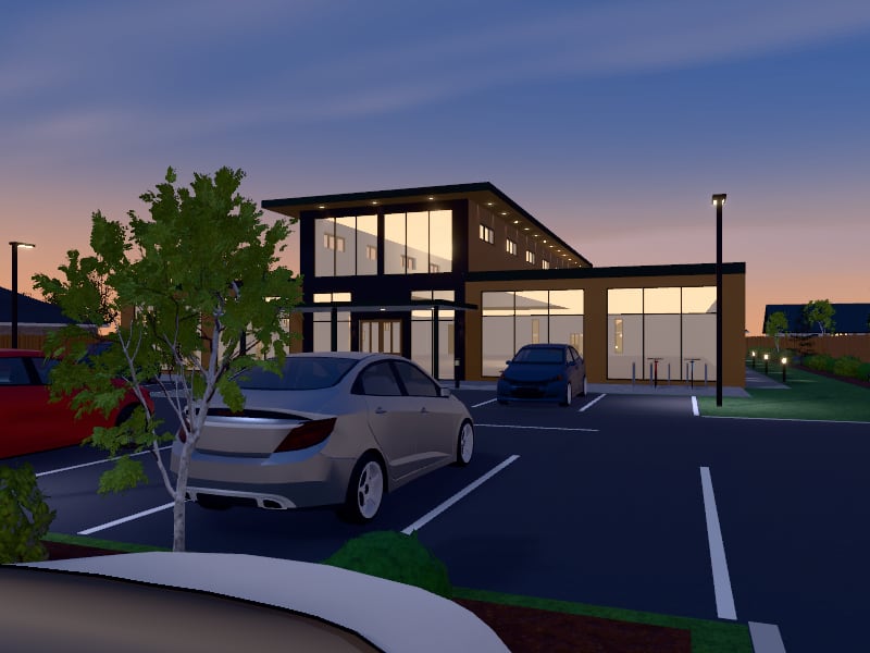 Compact Biophilic Shopping Centre, exterior view