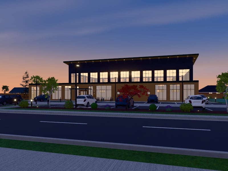 Compact Biophilic Sports Centre, exterior view