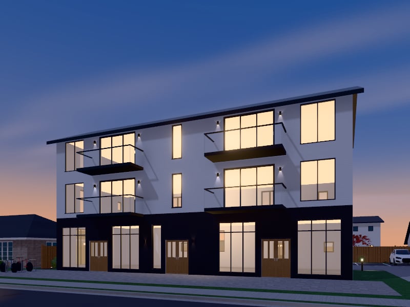 Compact Coastal Mixed-Use Building, exterior view