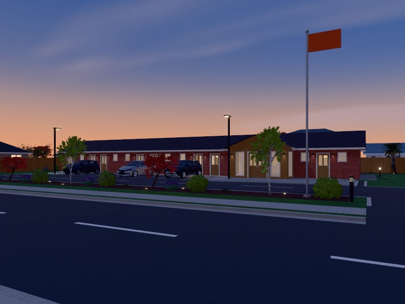 Compact Eclectic Motel, exterior view