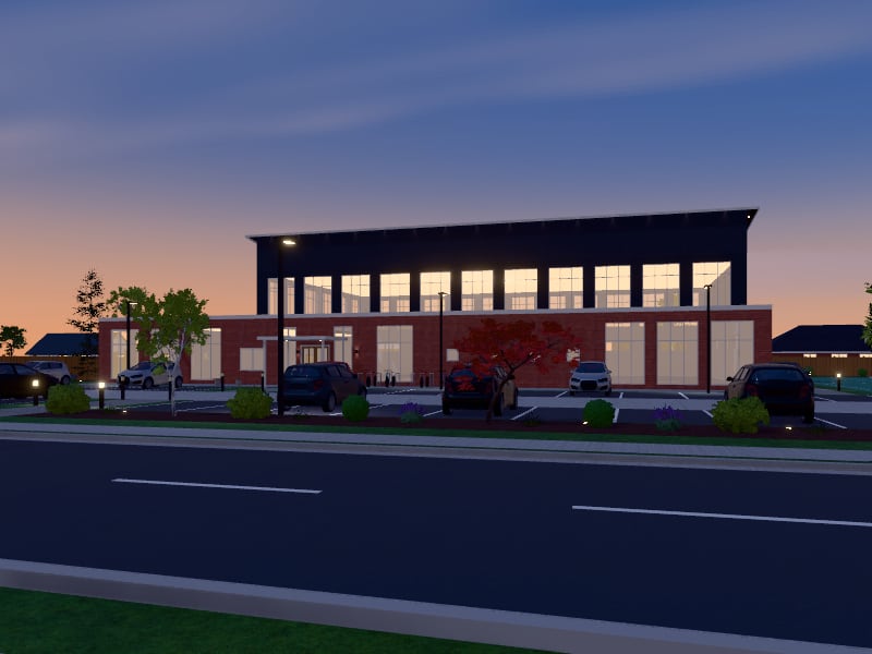 Compact Eclectic Sports Centre, exterior view