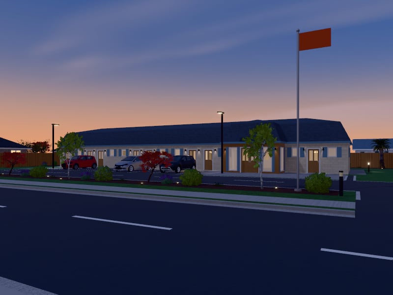 Compact French Country Motel, exterior view
