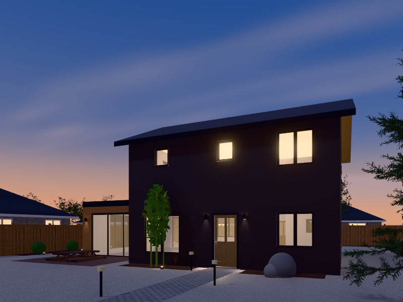 Compact Japandi House with Extension, exterior view