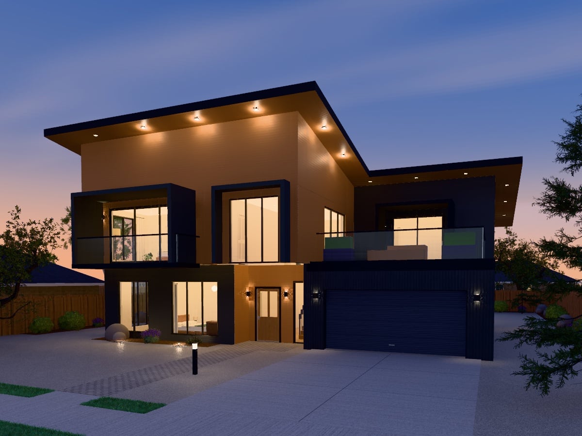 A two-storey house at dusk, traced from its 3D model