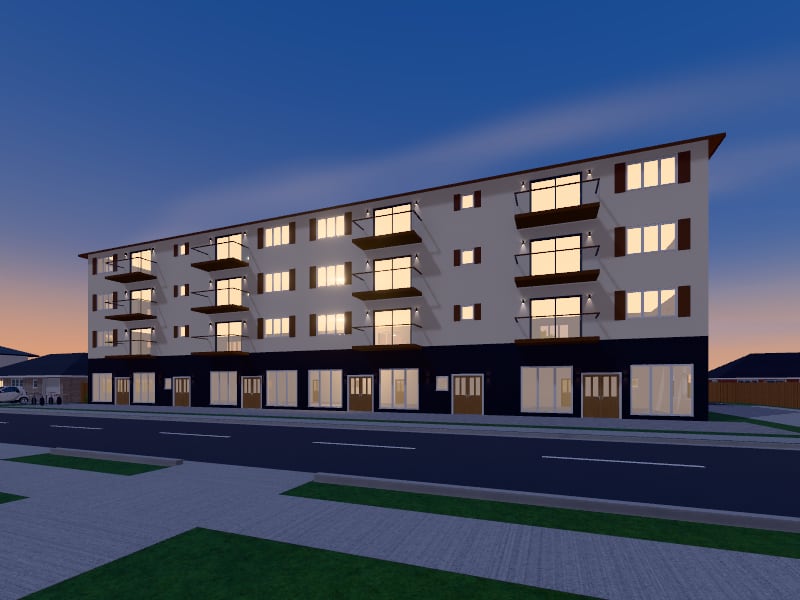 Large Mediterranean Mixed-Use Building, exterior view