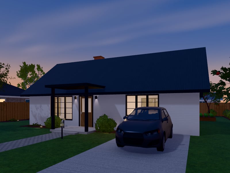 Compact Modern Farmhouse Bungalow, exterior view