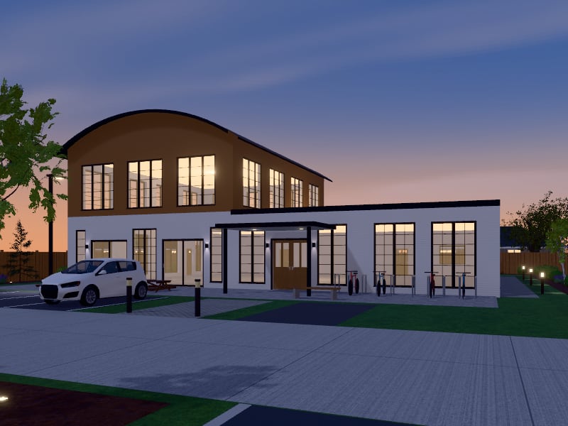 Compact Modern Farmhouse Community Centre, exterior view
