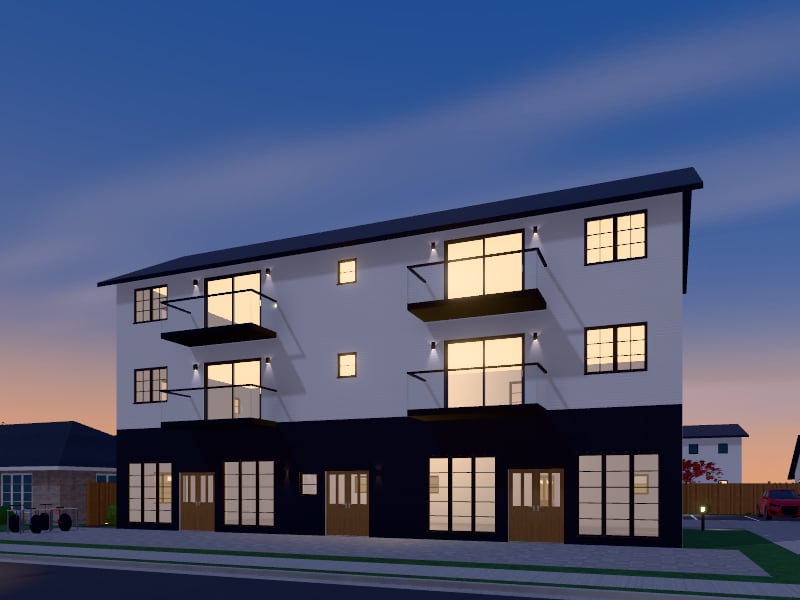 Compact Modern Farmhouse Mixed-Use Building, exterior view