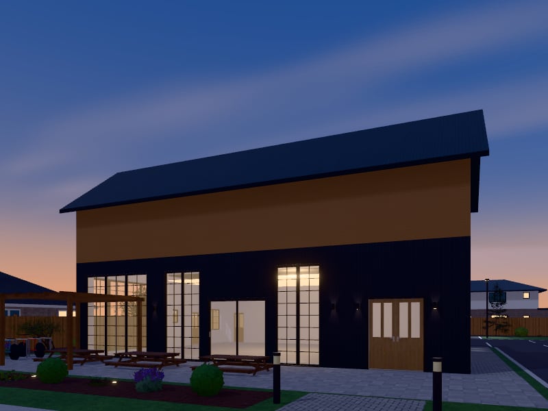 Compact Modern Farmhouse Restaurant, exterior view