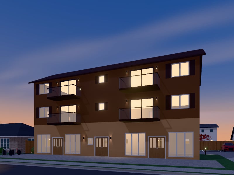 Compact Rustic Mixed-Use Building, exterior view