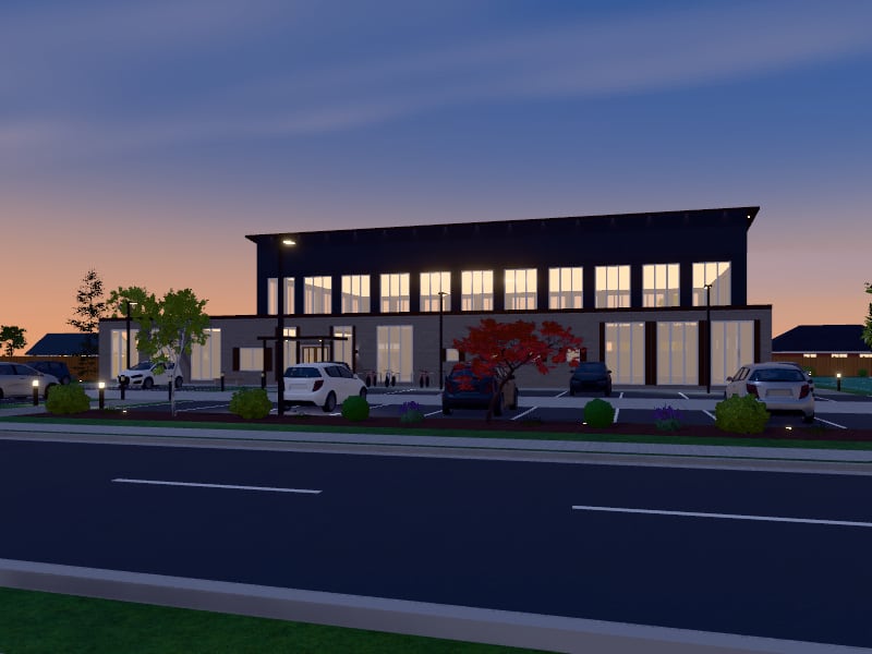 Compact Rustic Sports Centre, exterior view