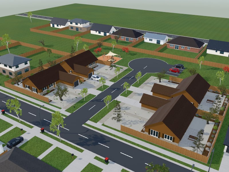 Compact Rustic Subdivision, exterior view
