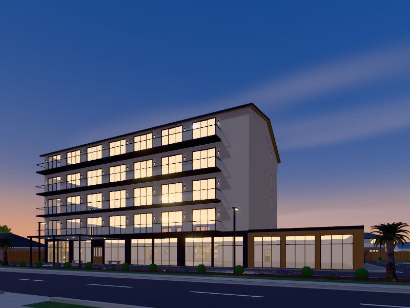 Large Scandinavian flat-pack Hotel, exterior view