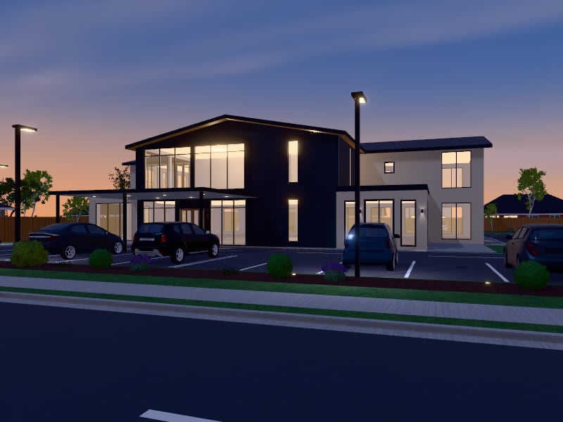 Large Scandinavian flat-pack Medical Centre, exterior view