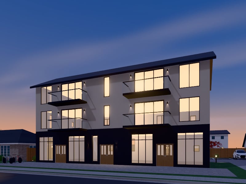 Compact Scandinavian flat-pack Mixed-Use Building, exterior view