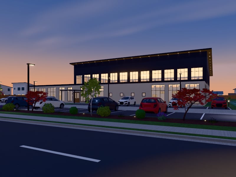 Scandinavian flat-pack Sports Centre, exterior view