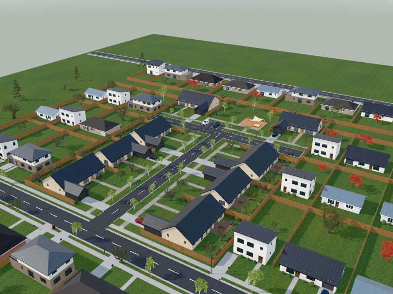 Large Scandinavian flat-pack Subdivision, exterior view