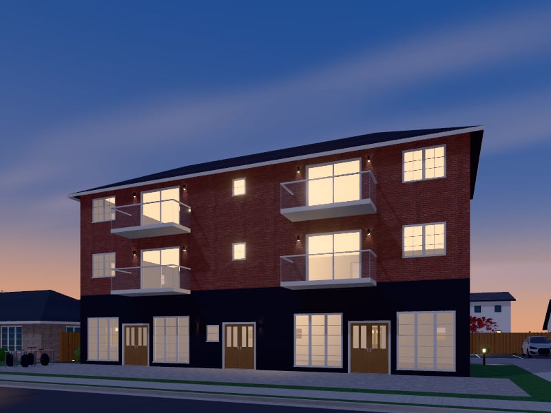 Compact Traditional Mixed-Use Building, exterior view
