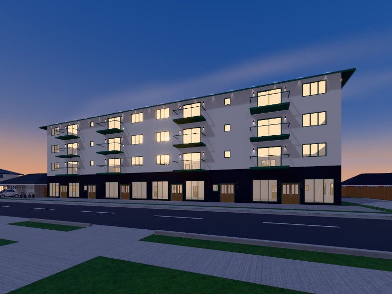 Large Tropical Mixed-Use Building, exterior view