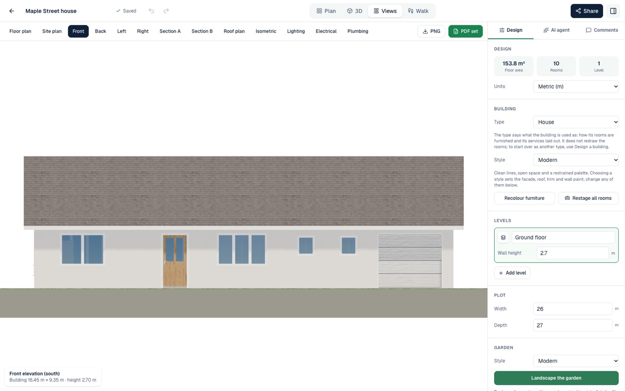 The building views screen with elevations and sections